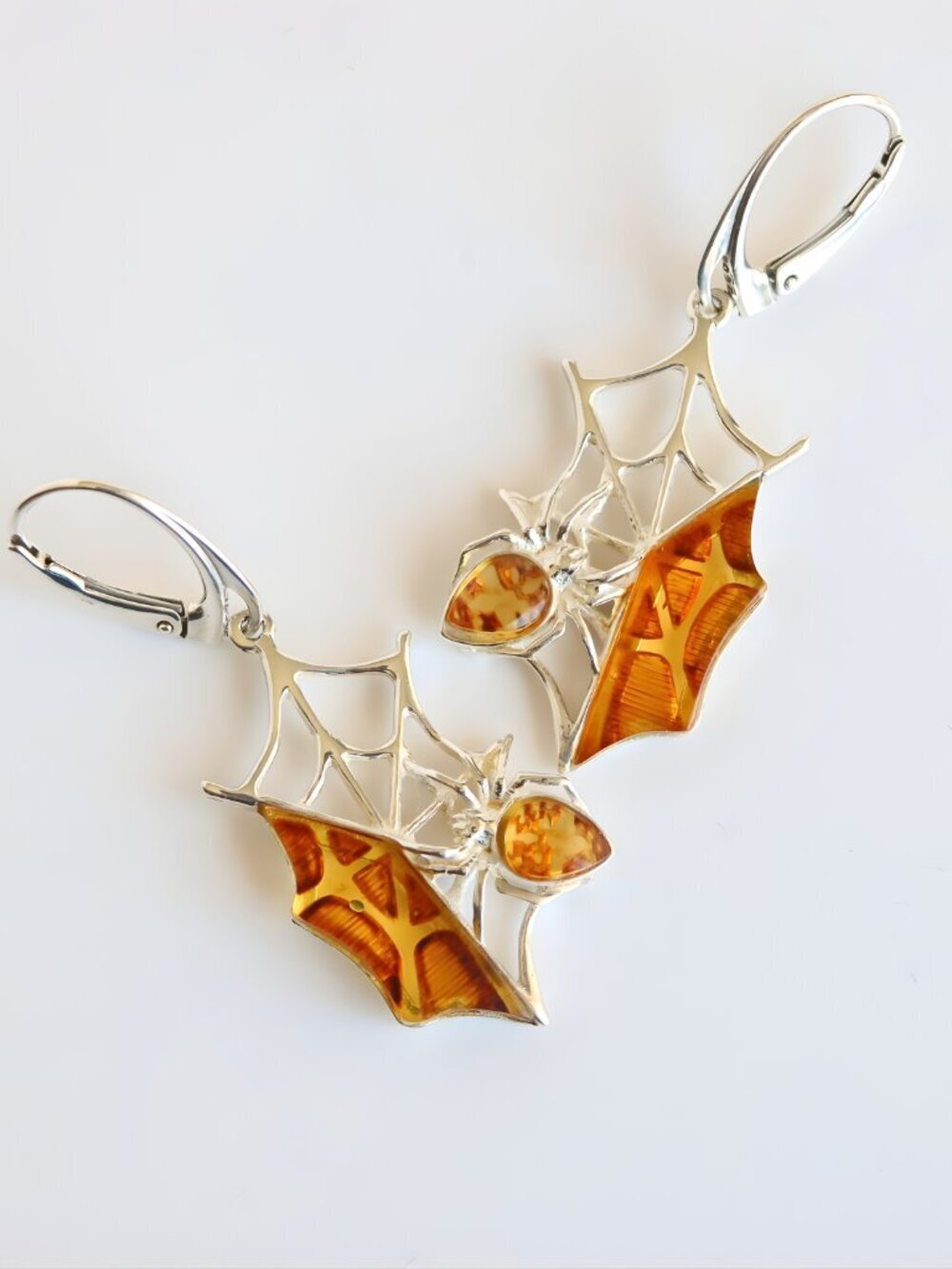 Amber Earrings- Spider Web Design in Sterling Silver